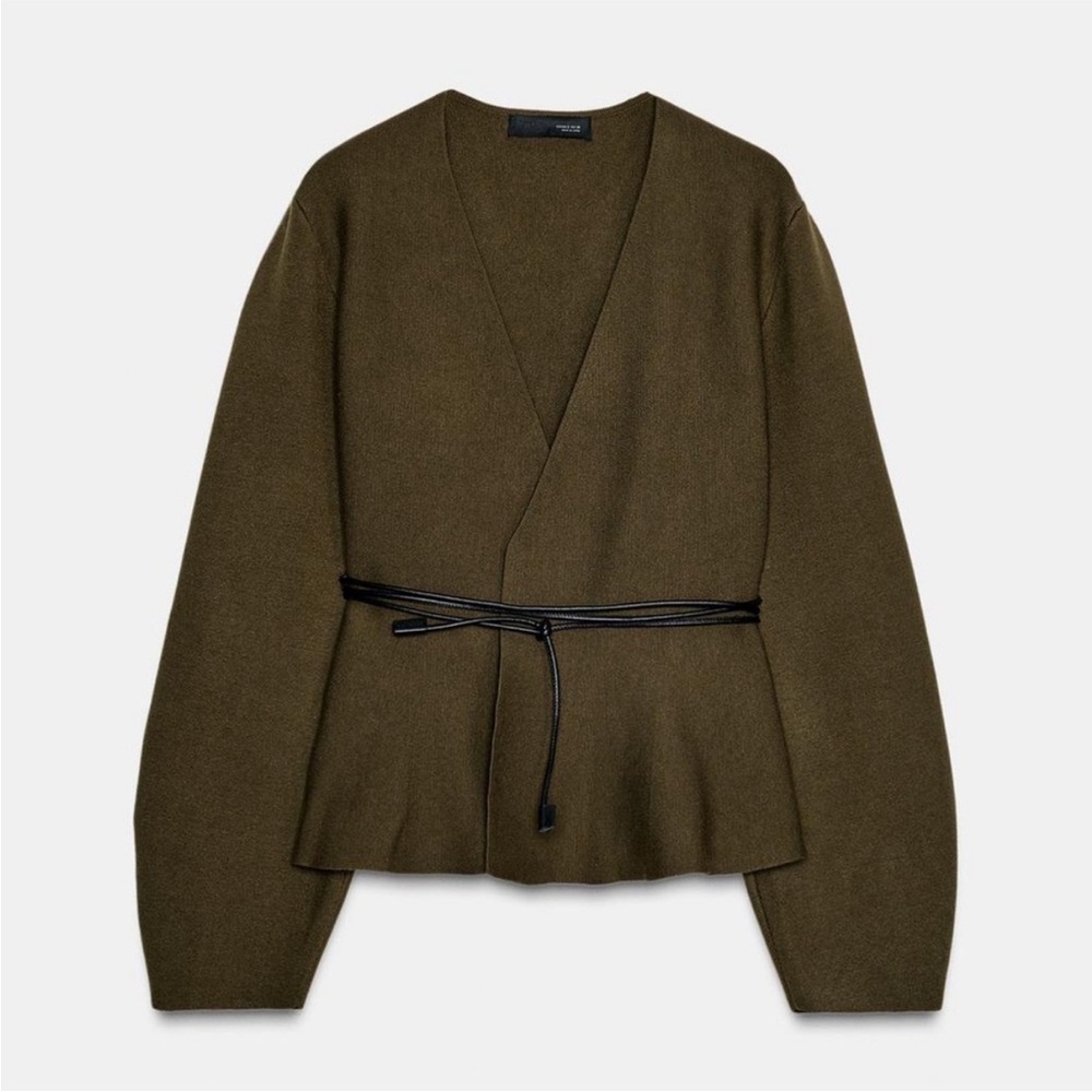 Zara ⚠️ Last Chance Khaki Green Belted Cardigan Jacket Minimalist Chic Capsule
